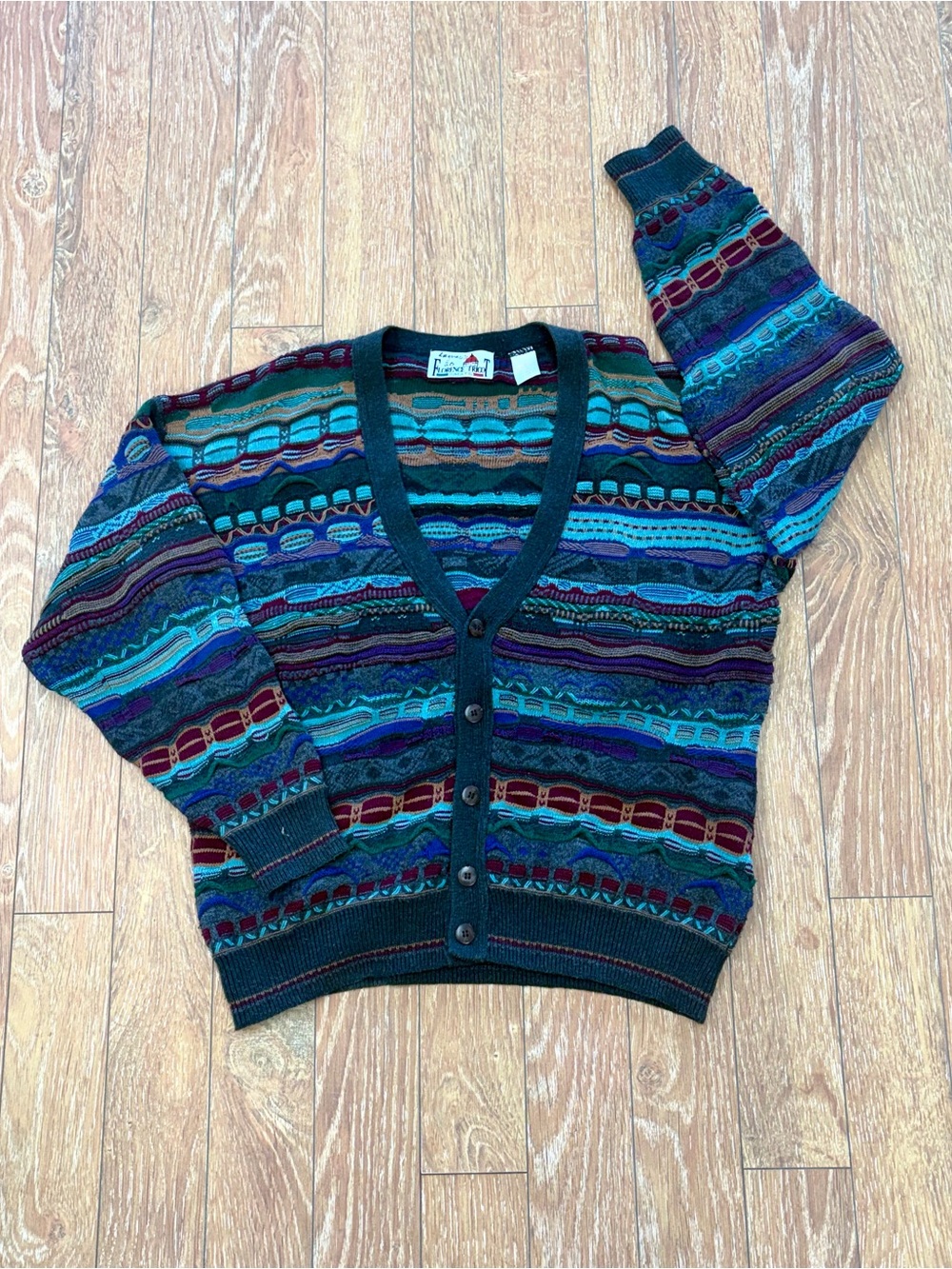 Vintage Florence Knit 3D Textured Multicolor “Coogi-Style” Cardigan - Sz M